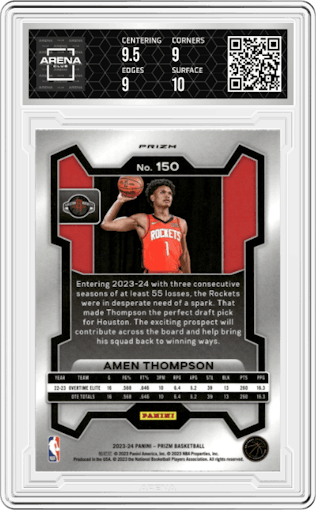 Amen Thompson from the 2023-24 Panini Prizm set featuring a Choice Blue/Yellow/Green parallel graded by Arena Club and given an overall grade of 9.5.