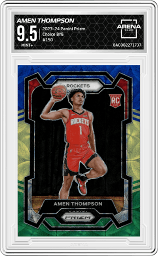 Amen Thompson from the 2023-24 Panini Prizm set featuring a Choice Blue/Yellow/Green parallel graded by Arena Club and given an overall grade of 9.5.