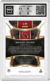 Michael Wilson from the 2023 Panini Select set featuring a Gold Dragon Scale parallel graded by Arena Club and given an overall grade of 10.