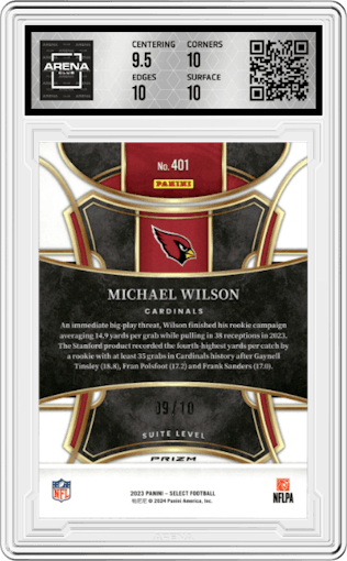 Michael Wilson from the 2023 Panini Select set featuring a Gold Dragon Scale parallel graded by Arena Club and given an overall grade of 10.