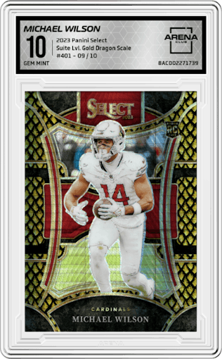 Michael Wilson from the 2023 Panini Select set featuring a Gold Dragon Scale parallel graded by Arena Club and given an overall grade of 10.