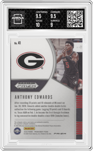 Anthony Edwards from the 2020-21 Panini Prizm Draft Picks set featuring a Red/White/Blue Prizm parallel graded by Arena Club and given an overall grade of 9.5.