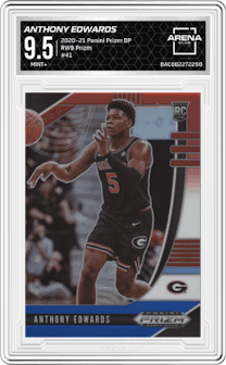 Anthony Edwards from the 2020-21 Panini Prizm Draft Picks set featuring a Red/White/Blue Prizm parallel graded by Arena Club and given an overall grade of 9.5.