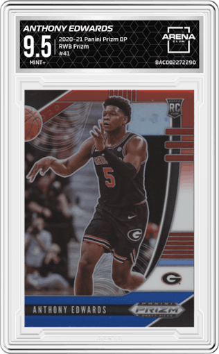 Anthony Edwards from the 2020-21 Panini Prizm Draft Picks set featuring a Red/White/Blue Prizm parallel graded by Arena Club and given an overall grade of 9.5.