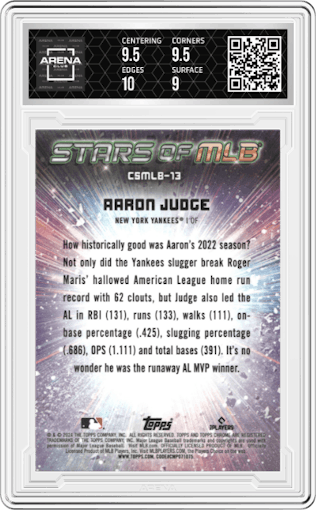 Aaron Judge from the 2024 Topps  set graded by Arena Club and given an overall grade of 9.5.