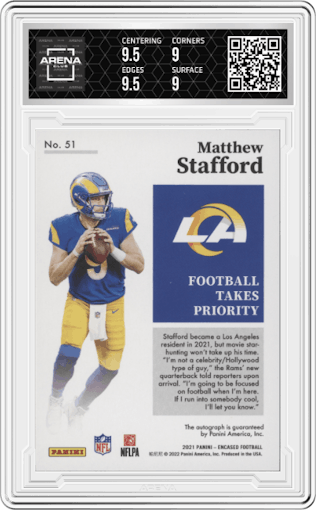 Matthew Stafford from the 2021 Panini Encased set graded by Arena Club and given an overall grade of 9.5.