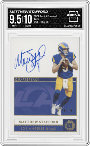 Matthew Stafford from the 2021 Panini Encased set graded by Arena Club and given an overall grade of 9.5.