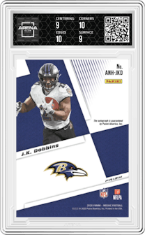 J.K. Dobbins from the 2020 Panini Mosaic set graded by Arena Club and given an overall grade of 9.5.