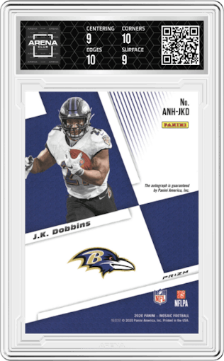 J.K. Dobbins from the 2020 Panini Mosaic set graded by Arena Club and given an overall grade of 9.5.