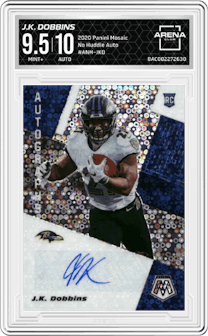 J.K. Dobbins from the 2020 Panini Mosaic set graded by Arena Club and given an overall grade of 9.5.