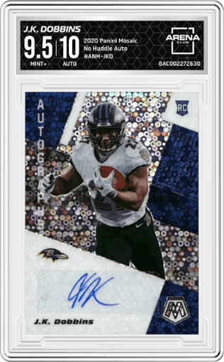 J.K. Dobbins from the 2020 Panini Mosaic set graded by Arena Club and given an overall grade of 9.5.
