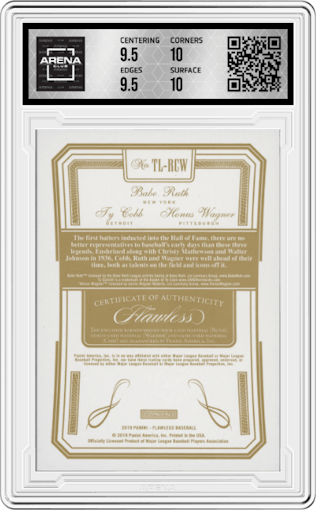 Babe Ruth/Honus Wagner/Ty Cobb  from the 2019 Panini Flawless set featuring a Sapphire parallel graded by Arena Club and given an overall grade of 10.
