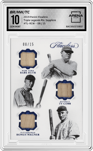 Babe Ruth/Honus Wagner/Ty Cobb  from the 2019 Panini Flawless set featuring a Sapphire parallel graded by Arena Club and given an overall grade of 10.