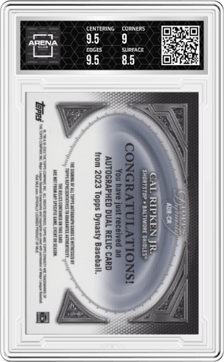 Cal Ripken Jr. from the 2023 Topps Dynasty set graded by Arena Club and given an overall grade of 9.