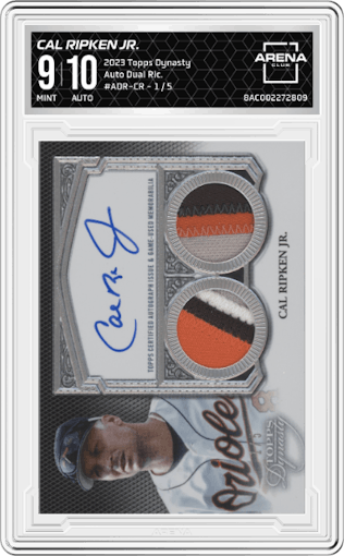 Cal Ripken Jr. from the 2023 Topps Dynasty set graded by Arena Club and given an overall grade of 9.