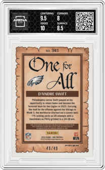 D'Andre Swift from the 2023 Panini One set featuring a Green parallel graded by Arena Club and given an overall grade of 8.5.
