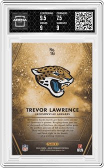 Trevor Lawrence from the 2024 Panini Gold Standard set graded by Arena Club and given an overall grade of 8.