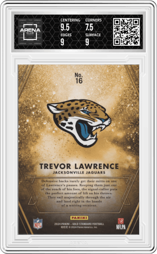 Trevor Lawrence from the 2024 Panini Gold Standard set graded by Arena Club and given an overall grade of 8.