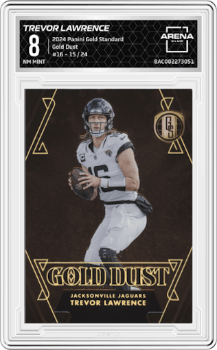 Trevor Lawrence from the 2024 Panini Gold Standard set graded by Arena Club and given an overall grade of 8.