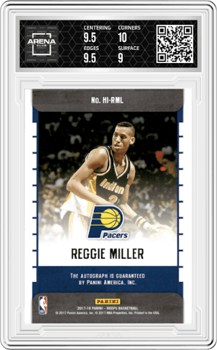 Reggie Miller from the 2017-18 Panini NBA Hoops set graded by Arena Club and given an overall grade of 9.5.