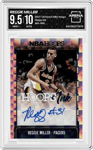 Reggie Miller from the 2017-18 Panini NBA Hoops set graded by Arena Club and given an overall grade of 9.5.