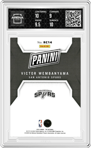 Victor Wembanyama from the 2024 Panini The National VIP set graded by Arena Club and given an overall grade of 9.5.