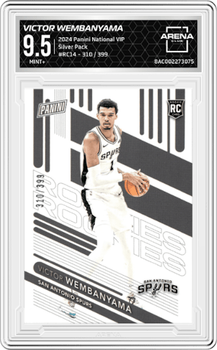 Victor Wembanyama from the 2024 Panini The National VIP set graded by Arena Club and given an overall grade of 9.5.