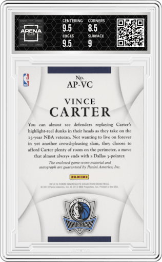 Vince Carter from the 2012-13 Panini Immaculate Collection set graded by Arena Club and given an overall grade of 9.