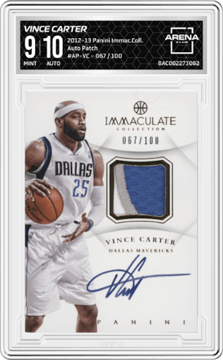 Vince Carter from the 2012-13 Panini Immaculate Collection set graded by Arena Club and given an overall grade of 9.