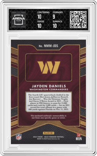 Jayden Daniels from the 2024 Panini Gold Standard set graded by Arena Club and given an overall grade of 9.5.