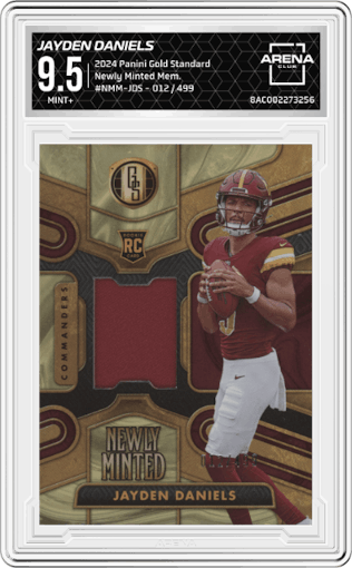 Jayden Daniels from the 2024 Panini Gold Standard set graded by Arena Club and given an overall grade of 9.5.