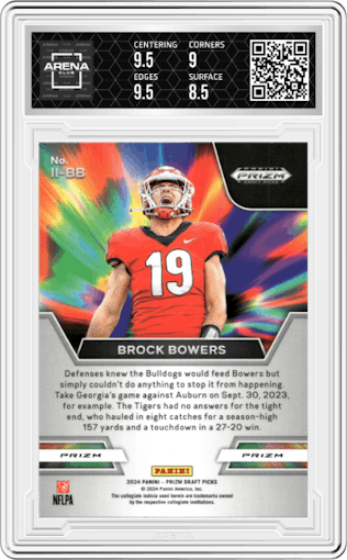 Brock Bowers from the 2024 Panini Prizm Draft Picks set featuring a Red Ice parallel graded by Arena Club and given an overall grade of 9.