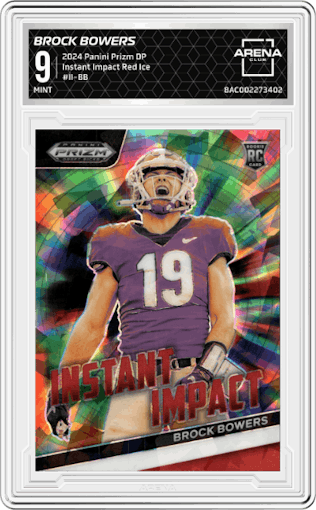 Brock Bowers from the 2024 Panini Prizm Draft Picks set featuring a Red Ice parallel graded by Arena Club and given an overall grade of 9.