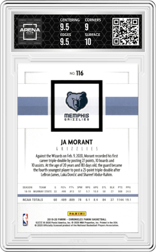Ja Morant from the 2019-20 Panini Chronicles  set graded by Arena Club and given an overall grade of 9.5.