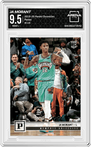 Ja Morant from the 2019-20 Panini Chronicles  set graded by Arena Club and given an overall grade of 9.5.