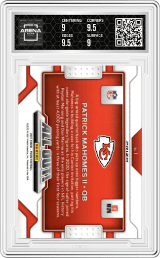 Patrick Mahomes II from the 2021 Panini Prizm set featuring a No Huddle parallel graded by Arena Club and given an overall grade of 9.5.