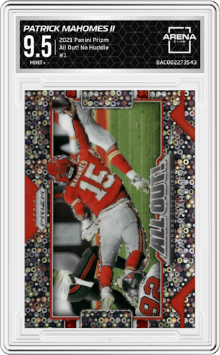 Patrick Mahomes II from the 2021 Panini Prizm set featuring a No Huddle parallel graded by Arena Club and given an overall grade of 9.5.