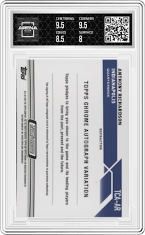 Anthony Richardson from the 2023 Topps Composite set featuring a Refractor parallel graded by Arena Club and given an overall grade of 8.5.