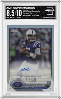 Anthony Richardson from the 2023 Topps Composite set featuring a Refractor parallel graded by Arena Club and given an overall grade of 8.5.
