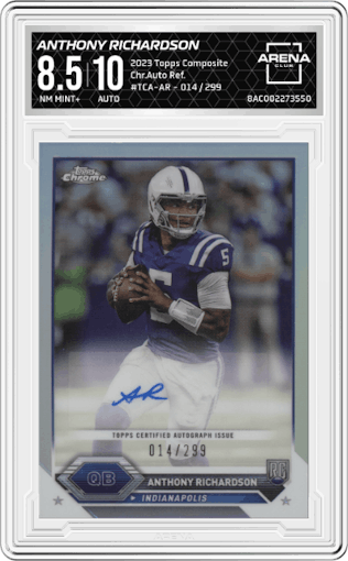 Anthony Richardson from the 2023 Topps Composite set featuring a Refractor parallel graded by Arena Club and given an overall grade of 8.5.