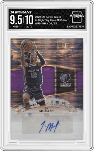 Ja Morant from the 2022-23 Panini Select set featuring a Neon Purple Pulsar parallel graded by Arena Club and given an overall grade of 9.5.