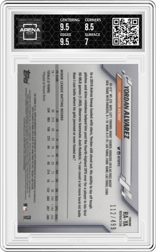 Yordan Alvarez from the 2020 Topps Chrome set featuring a Refractor parallel graded by Arena Club and given an overall grade of 7.5.