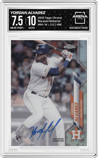 Yordan Alvarez from the 2020 Topps Chrome set featuring a Refractor parallel graded by Arena Club and given an overall grade of 7.5.