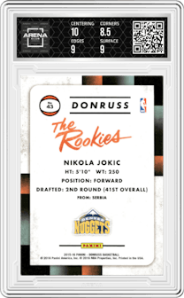 Nikola Jokic from the 2015-16 Panini Donruss Basketball set graded by Arena Club and given an overall grade of 9.