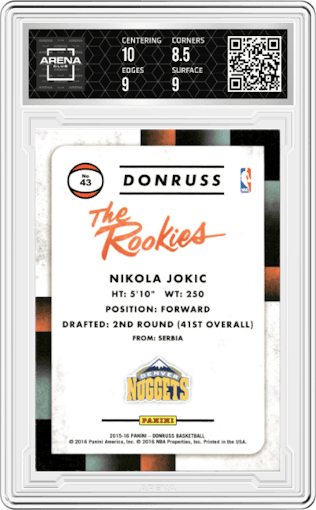 Nikola Jokic from the 2015-16 Panini Donruss Basketball set graded by Arena Club and given an overall grade of 9.