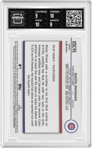 Shota Imanaga from the 2024 Topps Chrome Update set featuring a FrozenFractor parallel graded by Arena Club and given an overall grade of 9.5.