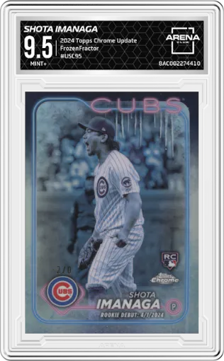 Shota Imanaga from the 2024 Topps Chrome Update set featuring a FrozenFractor parallel graded by Arena Club and given an overall grade of 9.5.