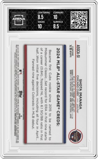 Shota Imanaga from the 2024 Topps Chrome Update set featuring a Black Refractor parallel graded by Arena Club and given an overall grade of 9.