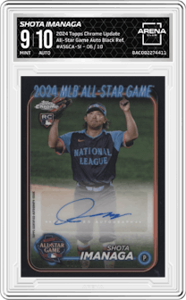 Shota Imanaga from the 2024 Topps Chrome Update set featuring a Black Refractor parallel graded by Arena Club and given an overall grade of 9.