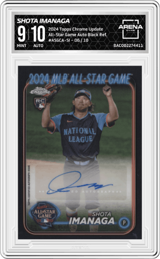 Shota Imanaga from the 2024 Topps Chrome Update set featuring a Black Refractor parallel graded by Arena Club and given an overall grade of 9.